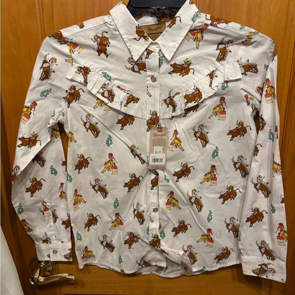 Wrangler Kids XL/ Women’s XS White Western Cowboy Print Shirt